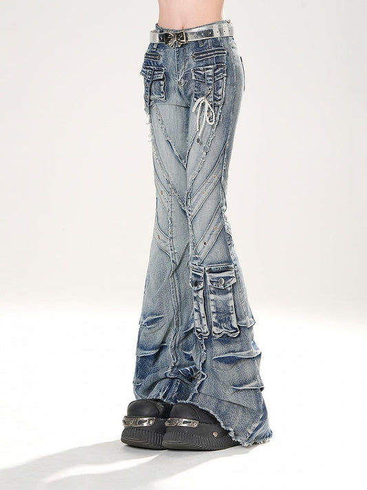 Blue Faded Wash Cargo Pockets Raw Hem Distressed Flared Jeans