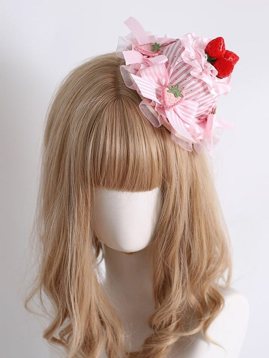 Pink Sweet Lolita Strawberry Decorated Striped Pattern Bowknot Details Mini Hat