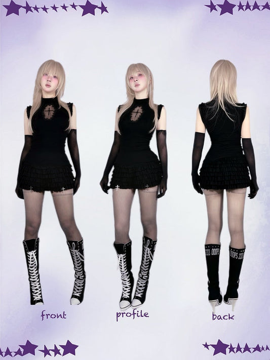 Black Elastic Waist Cross Charms Tiered Ruffles Skort