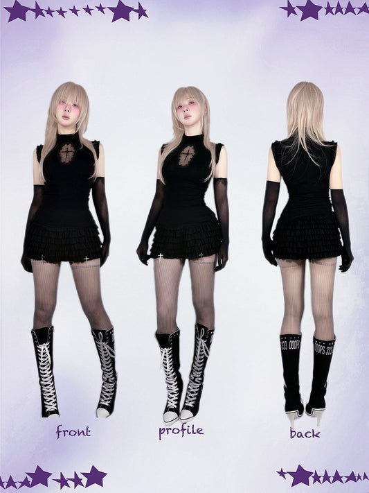 Black Elastic Waist Cross Charms Tiered Ruffles Skort
