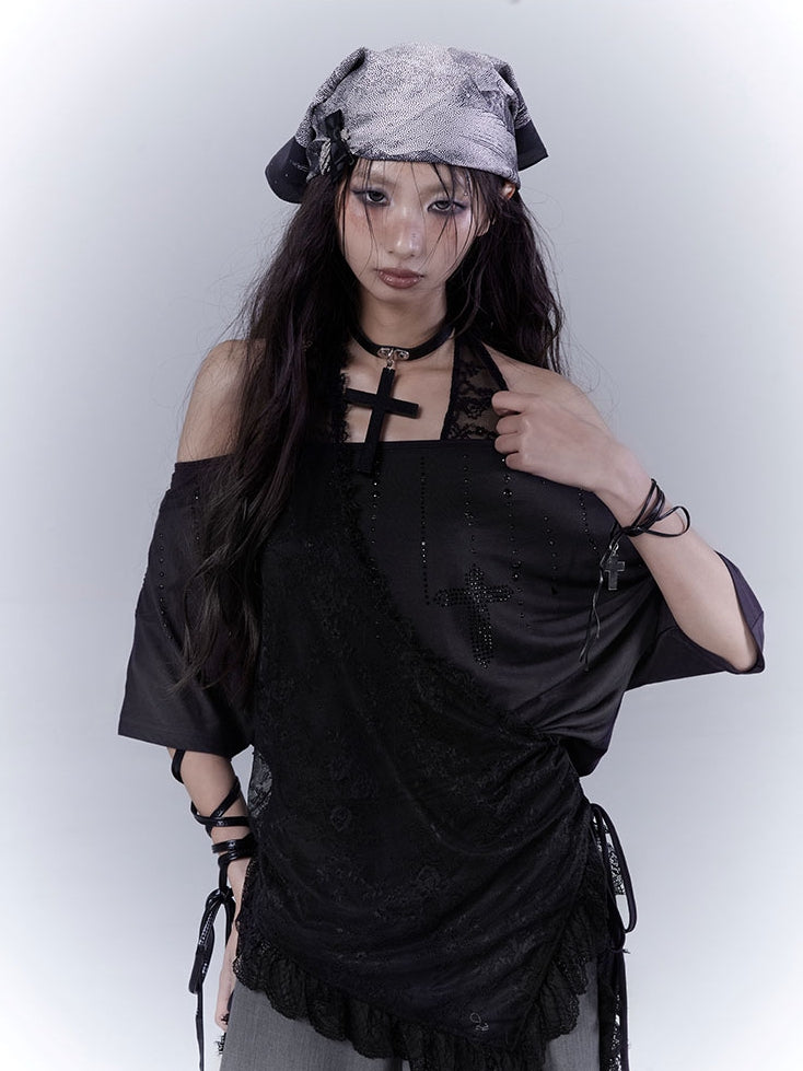 Black Cross Rhinestone Curved Hem Halter Neck T-shirt