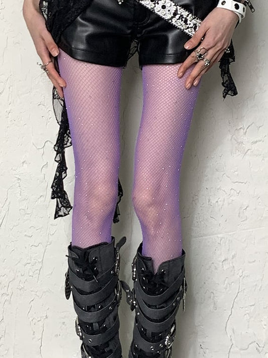 Purple Y2K Rhinestone Fishnet Tights