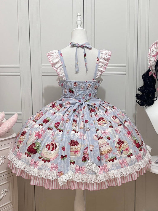 Bows and Strawberry Dessert Print Blue Sweet Lolita Jumper Skirt