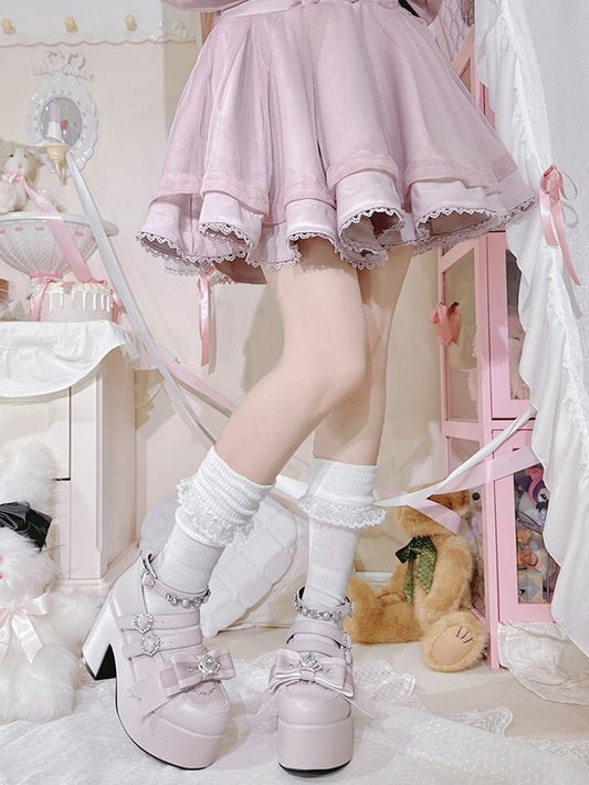 Matte Pink Jirai Kei Rhinestone Decorated Heart-shaped Buckle Design Bow at Top Platform High Block Heels