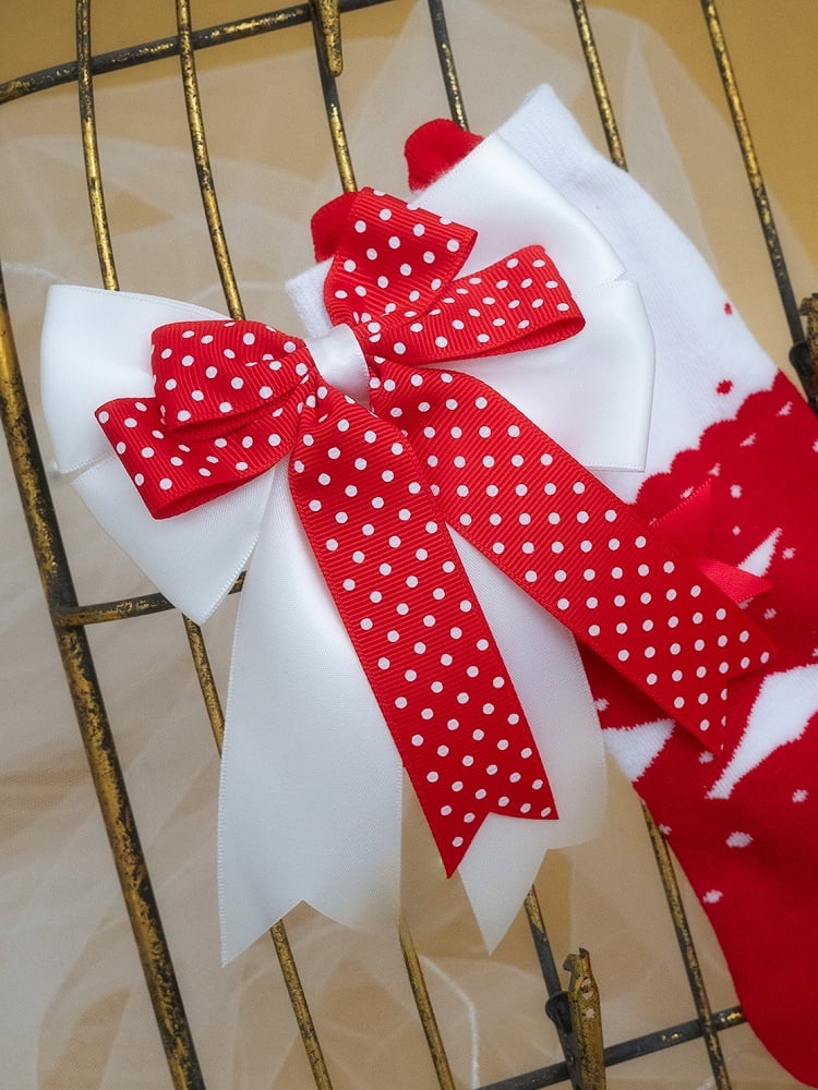 Red Bowknot Print Polka-dot Calf Socks