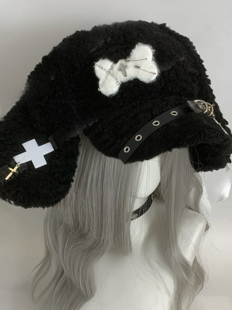 Black Cross and Pins Buckle Bunny Ear Plush Hat