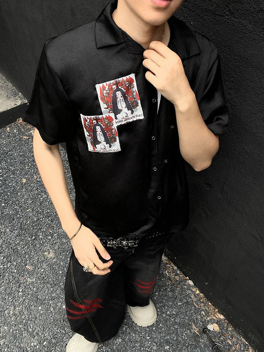 Punk Appliques Black Notched Collar Satin Short Sleeve Shirt