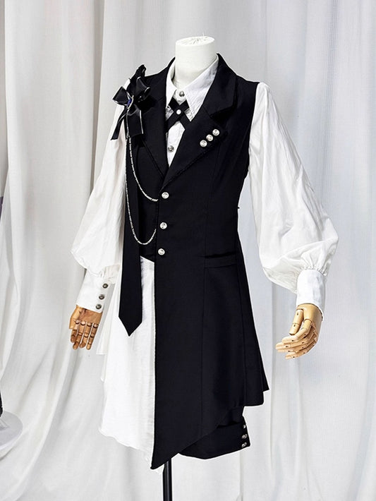 Ouji Lolita White and Black Eight-Piece Set - Asymmetrical Design Waistcoat + Shirt + Shorts + Matching Accessories