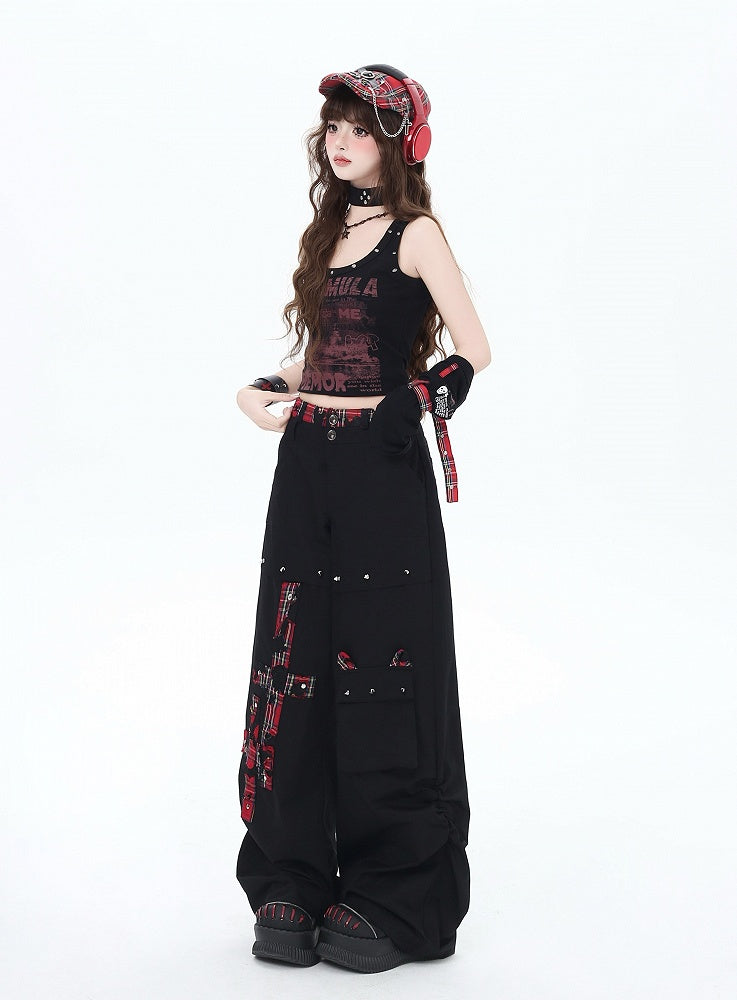Black and Red Plaid Studs Detail Wide-Leg Pants