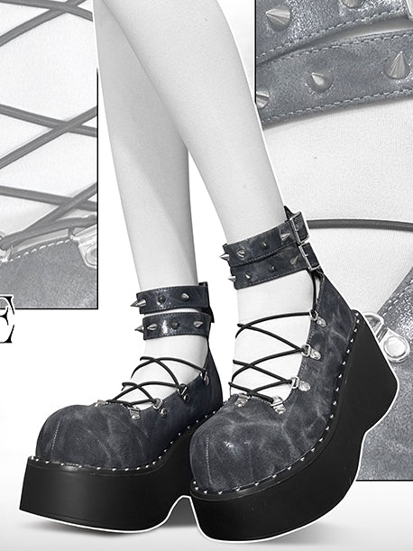 Front Lace-up Spike Stud Detailing Gray Punk Lolita Platforms