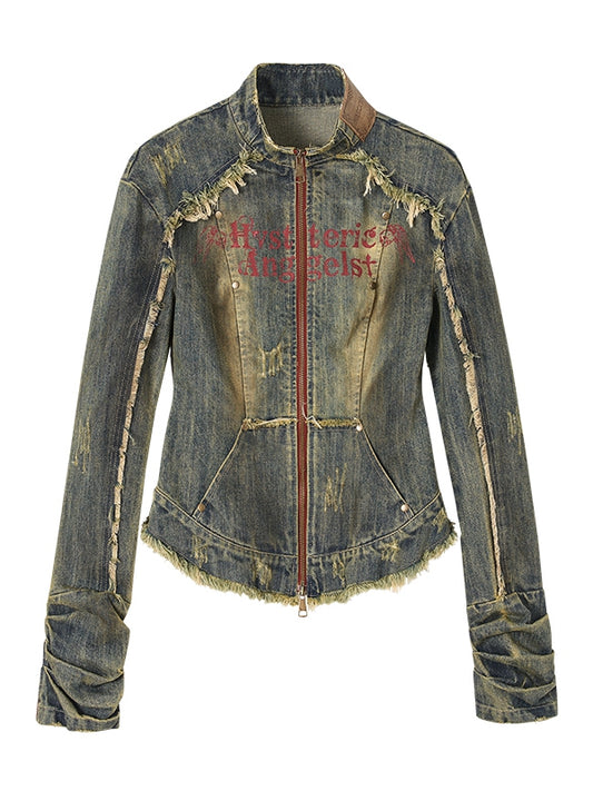 Blue Cross Patch Rock Punk Distressed Denim Jacket with Zip Cuffs