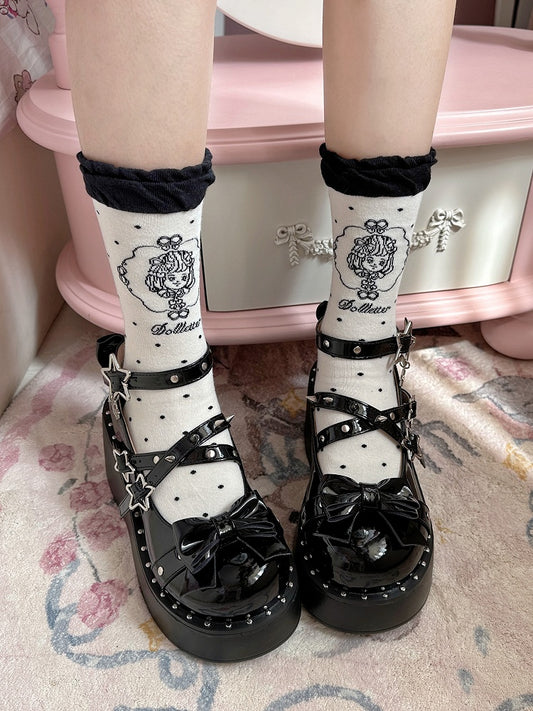 Coffee/Black/Red/Pink Anime Girl Polka-dot Pattern Lolita Calf Socks