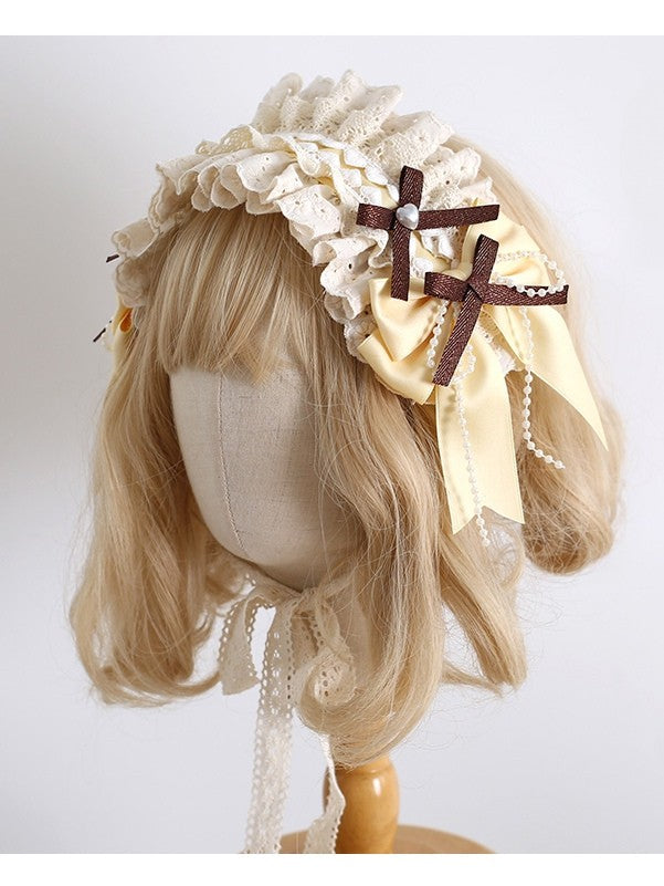 Yellow&Brown Sweet Lolita Beaded Decorated Bowknot Details Ruffled Hairband