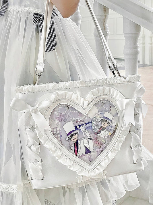 White Stain Lace-up Design Ruffles Trim Heart PU Tota Ita Bag