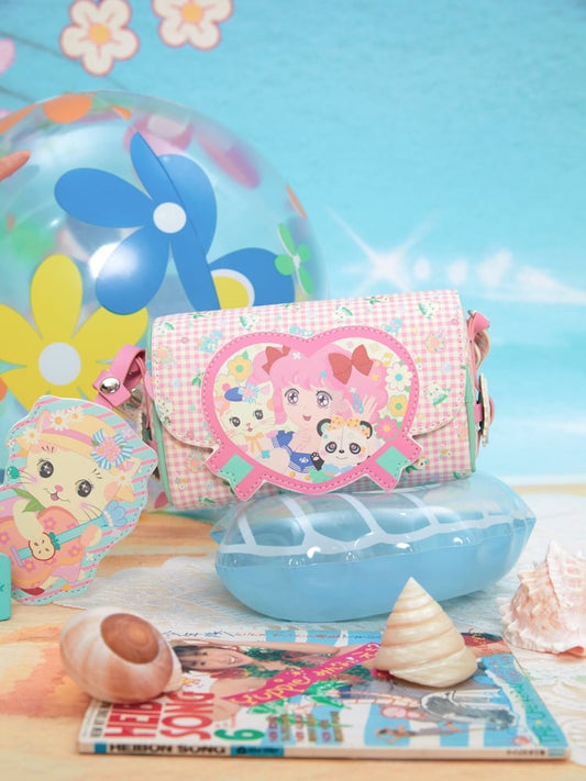 Pink Floral Plaid Pattern Shoulder Bag with Kitty Charm