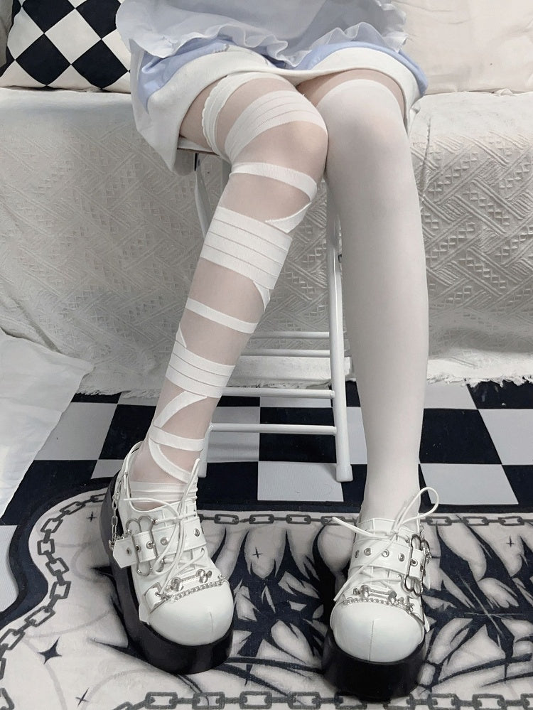 Jirai Kei Polished White Y2K Bone Design Buckle Strap Platform Shoes