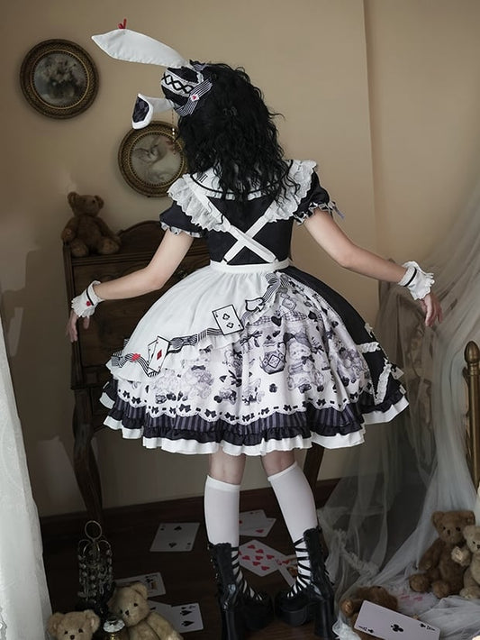 Alice in Wonderland Vibes Black and White Bunny and Teapot Print Apron Dress Sweet Lolita OP / Full Set