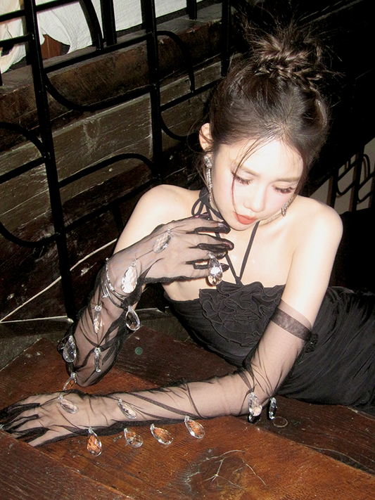 Black Rhinestone Charms Gloves