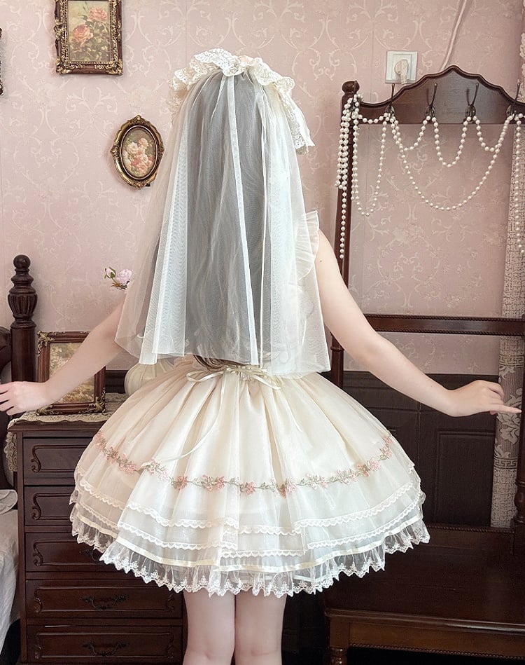 Beige Ribbon Bowknots Decoration Boned Waist Balletcore Sweet Lolita Dress Flutter Sleeves JSK