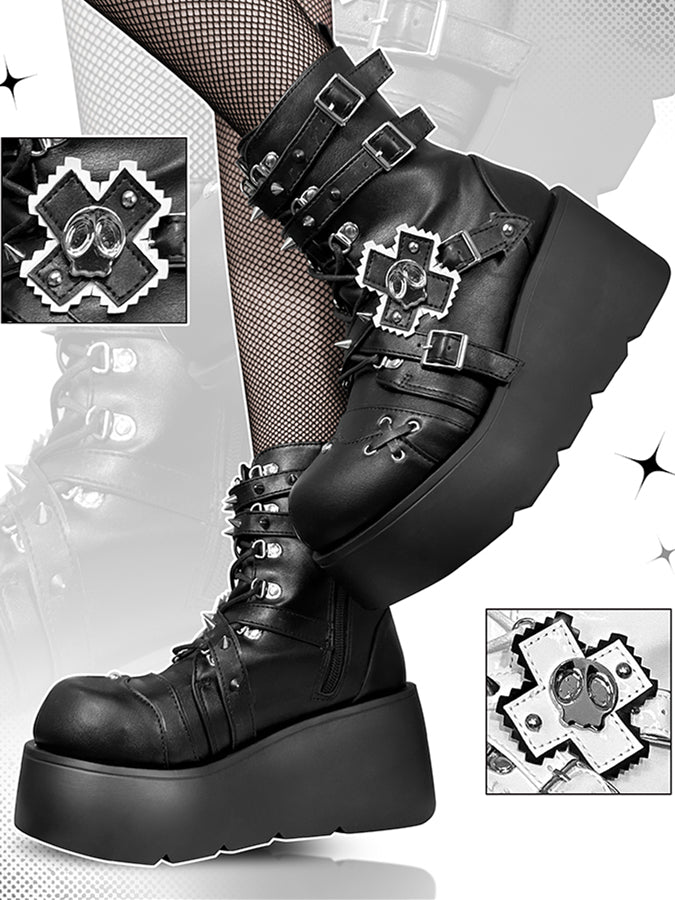 Metal Skull Matte Black Punk Wedge Platform Boots Spike Stud Detailing
