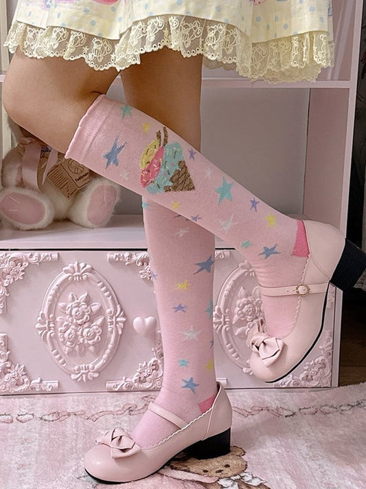 Pink/Blue/Purple/Yellow/White Lolita Ice Cream Star Print Design Calf Socks