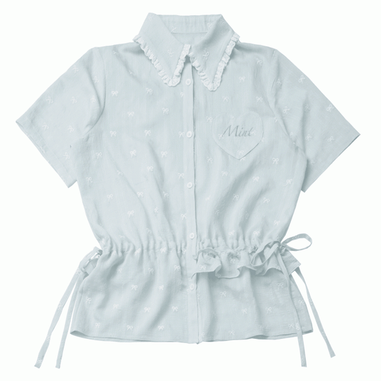 Light Green Drawstring Waist Allover Bowknot Embroidery Short Sleeves Shirt