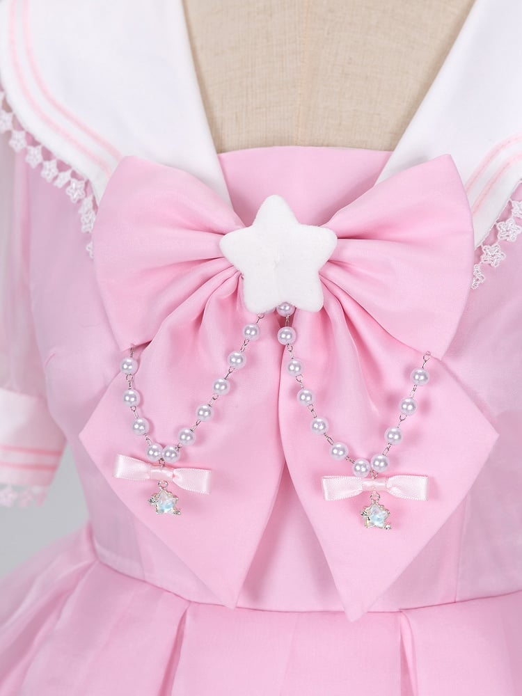 Star Lace Trimmed Sailor Collar Short Sleeves Pink Lolita Dress with a Free Bowtie Magical Girl Dress
