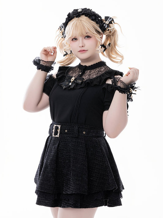 Jirai Kei Black Illusion Neckline Cutout Shoulder Short Sleeve Blouse with Free Bowtie