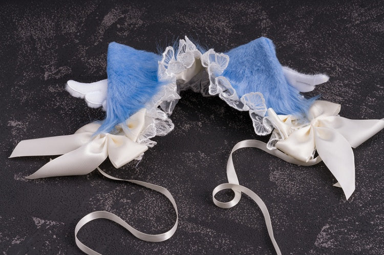 Handmade Wings Blue and White Bowknots Kitty Ears Hairband