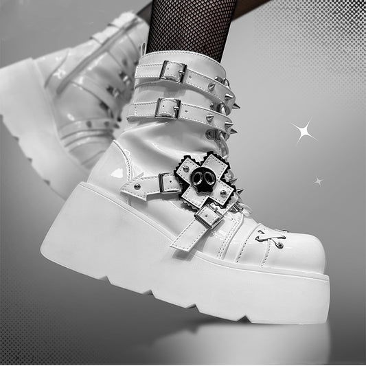 Metal Skull Polished White Punk Wedge Platform Boots Spike Stud Detailing