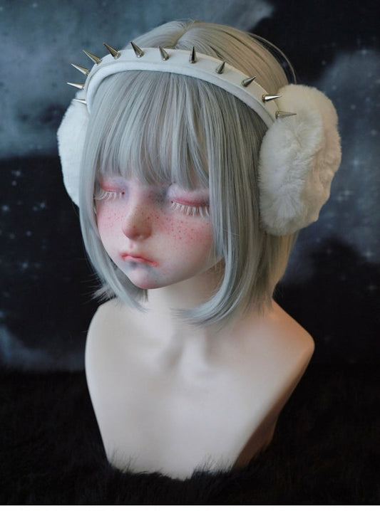 White Handmade PU Studded Plush Earmuffs
