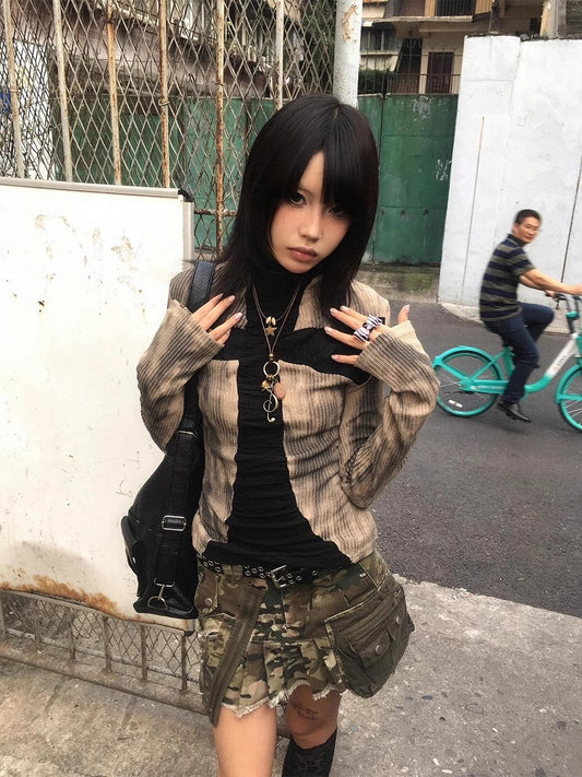 Y2K Cross Design Khaki Punk Knit Top for Autumn Winter