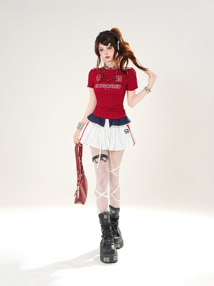 Self-tie Foldover Design White Striped Bubble Skirt