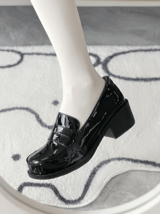 PU Black Academic Mid-Heel Shoes - Slip-On Design for School Style