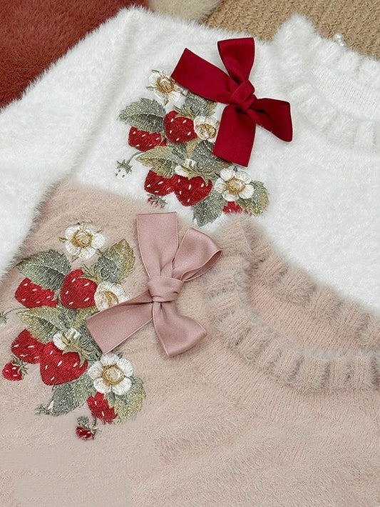 Strawberry Embroidery Neckline Bowknot on Cuffs Dusty Pink Autumn Knit Top