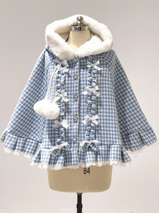 Jirai Kei Houndstooth Fleece-Lined Hooded Cape with Heart Buttons, Bow & Pompom | 3 Colors