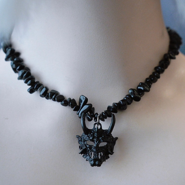 Black Gothic Demon Mask Pendant Crushed Stone Necklace