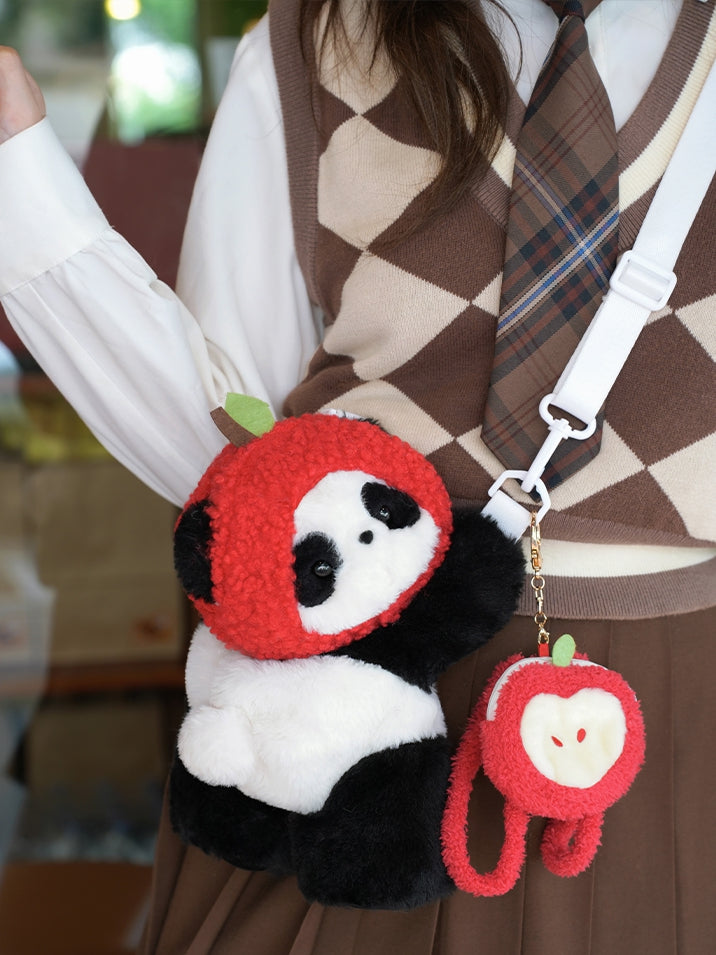 Cute Panda Plush Backpack/Crossbody Bag + Apple Hat + Apple Backpack Keychain