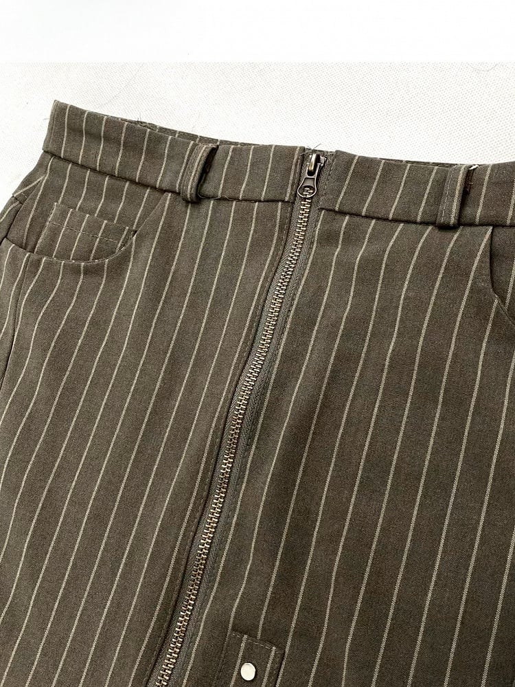 Army Green Millard Fashion Striped Pattern Contrast Lace Patches Cascading Ruffle Accents Skirt