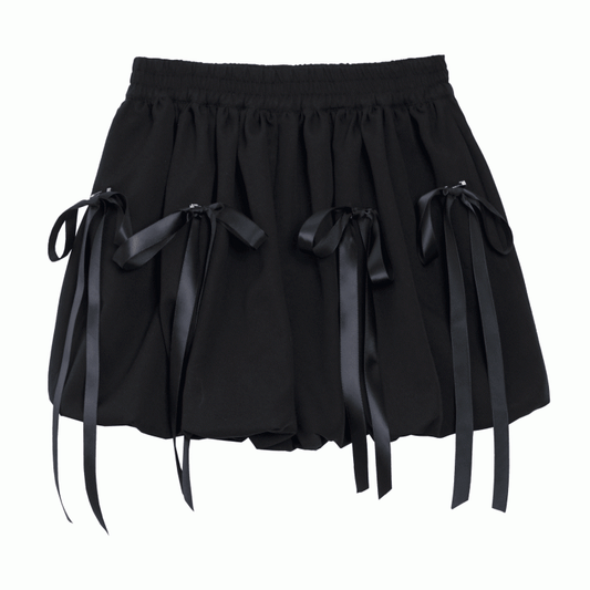 Black Elastic Waist Bubble Skirt with Bowknot Brooches