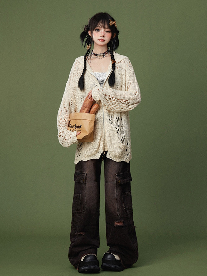 Clearance-Size XL for Waist 77.5CM Black and Pink High Waist Frayed Hem Wide Leg High Street Jeans