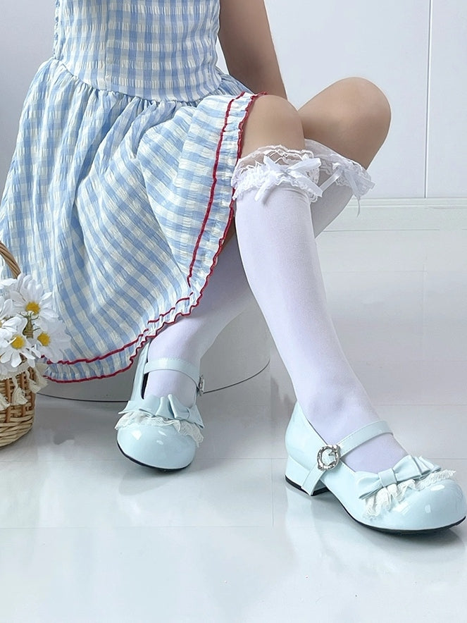 Low-heel Light Blue Mary Janes in PU - Round Toe Design, Lace Edging & Bow Decor
