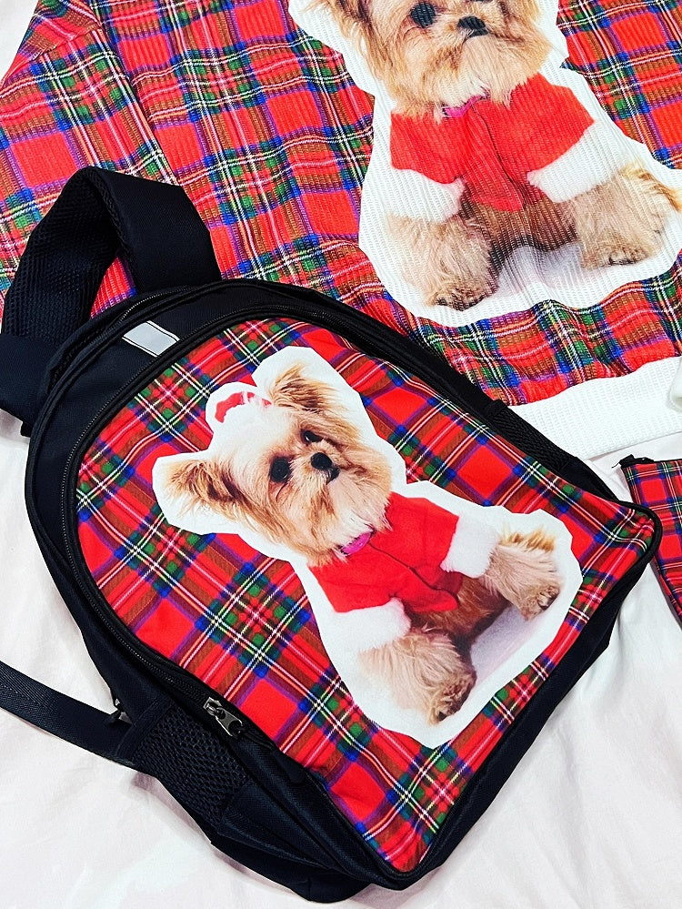 Red Christmas Backpack With Plaid Pattern And Puppy Print