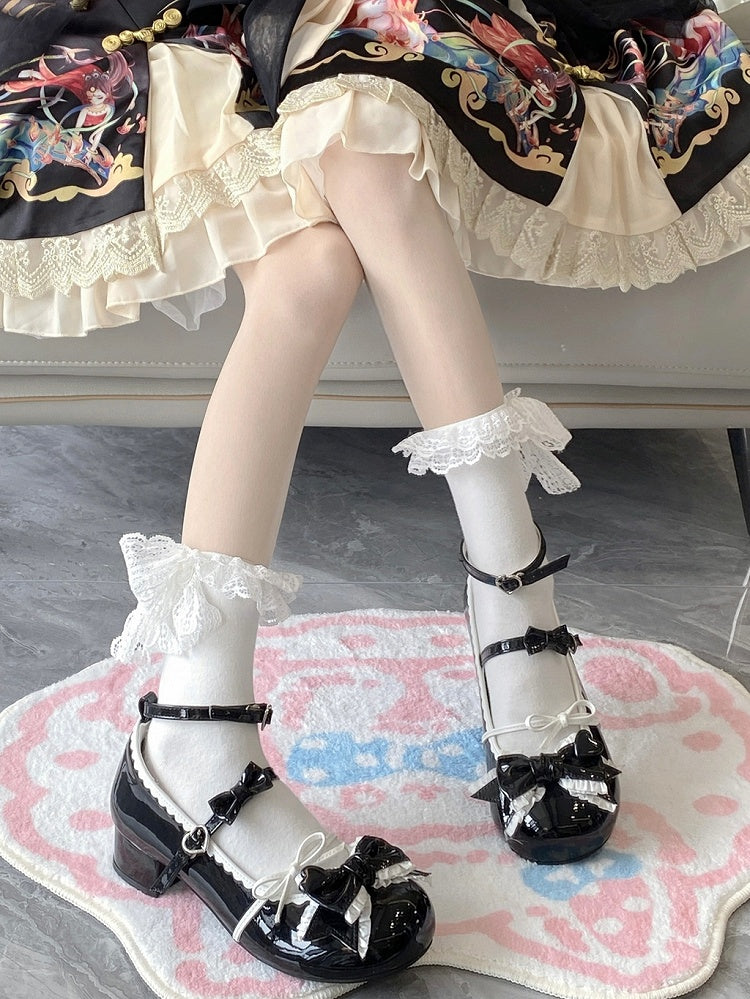 Black Ruffle Trim Decorated Bow at Top 3.5CM Sweet Lolita Block Heel Mary Janes