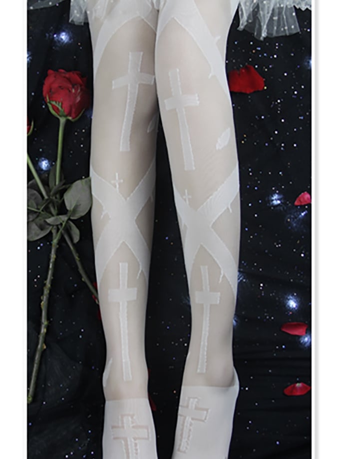 Black/White Gothic Cross Print Overknee Stockings