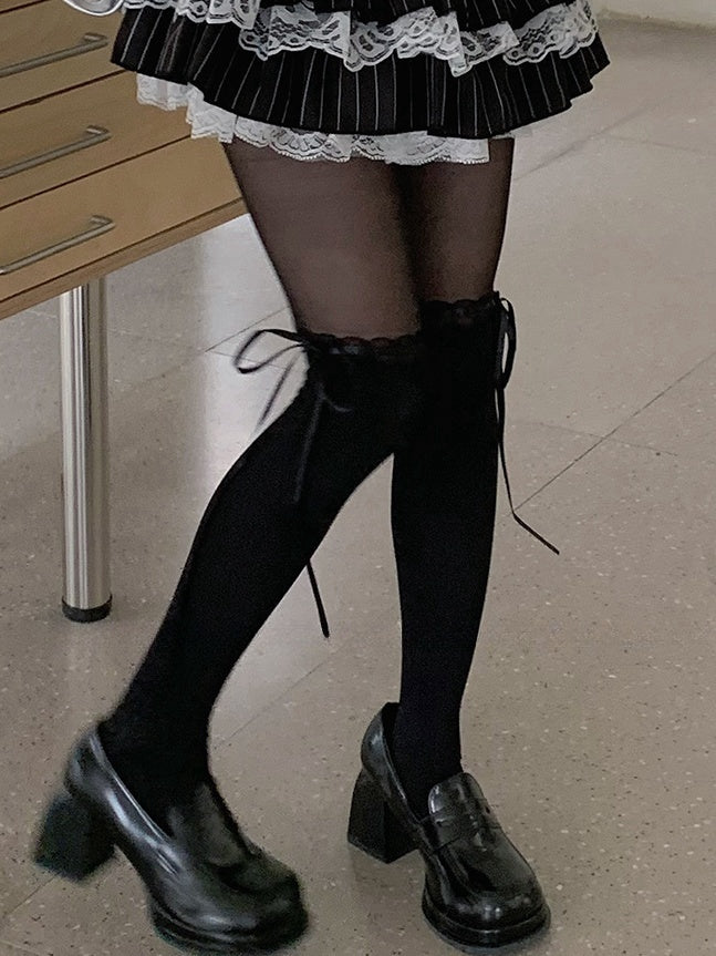 Milk White/Black Sweet Bow Ribbon Lace Trim Overknee Stockings