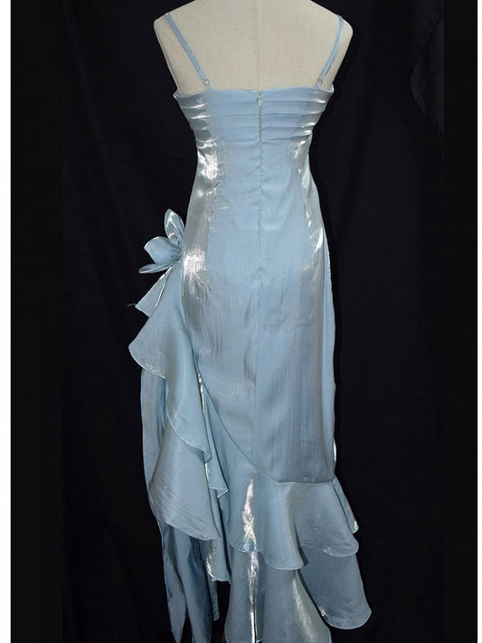 Baby Blue Vintage Floral Dress Asymmetrical Hem Prom Gown