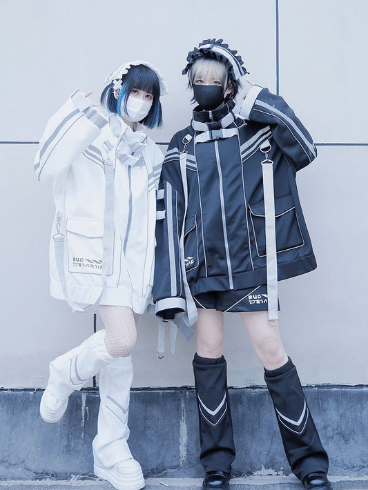 Black Futuristic Cyberpunk Buckle Strap Jersey Maid Jirai Kei Full Set