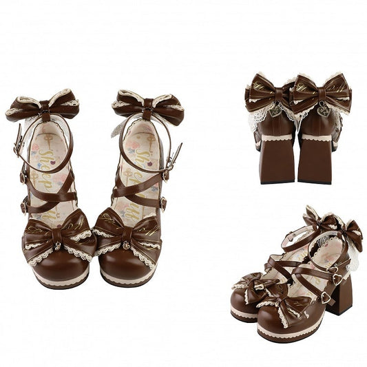 Brown Crisscross Design Heart Buckles Detachable Bow at Top High Block Heels