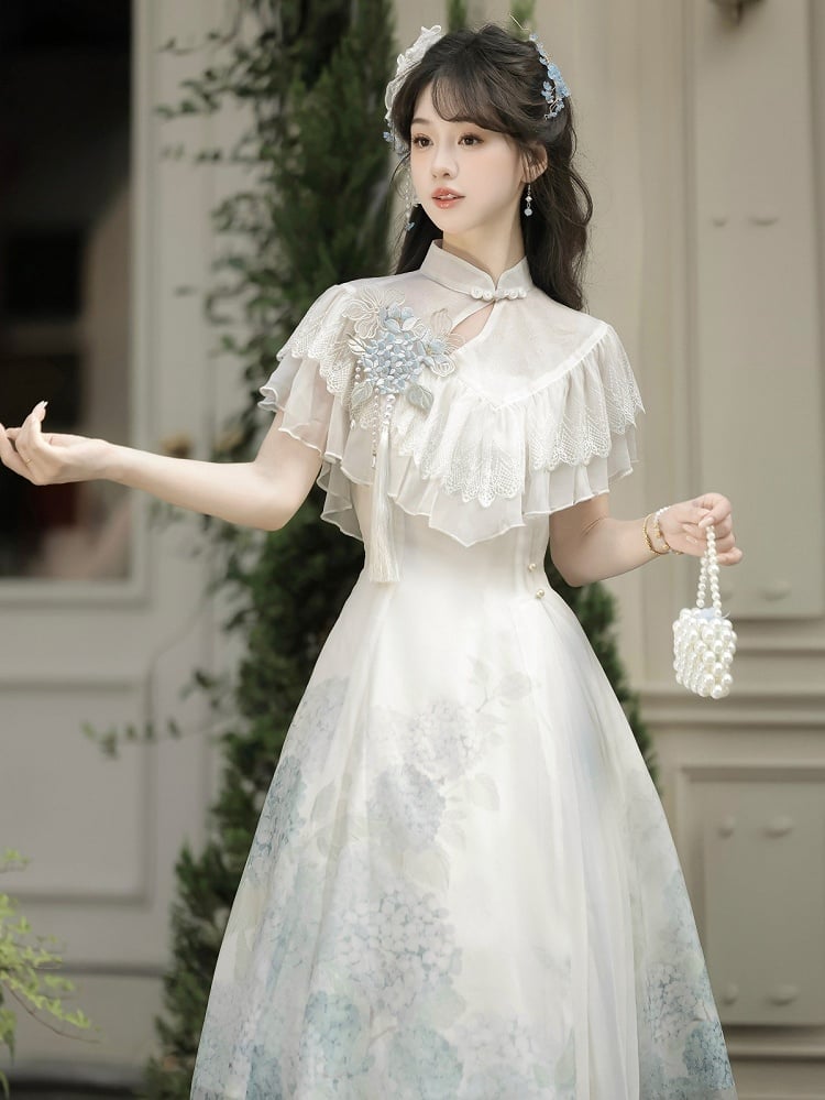 Short Version Hydrangea Print White Elegant Classic Lolita Dress with Lace Shawl